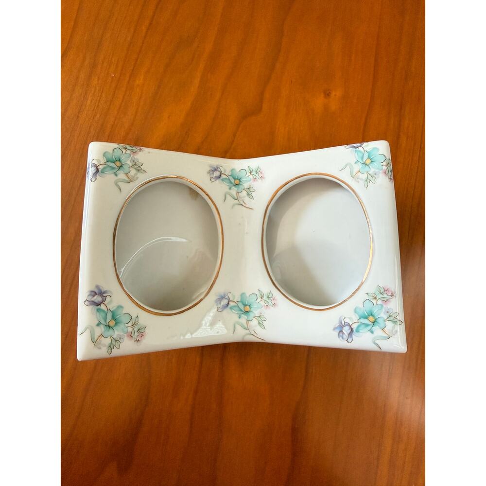 Vintage Royal Crown Porcelain Double Picture Frame Blue Floral Accents